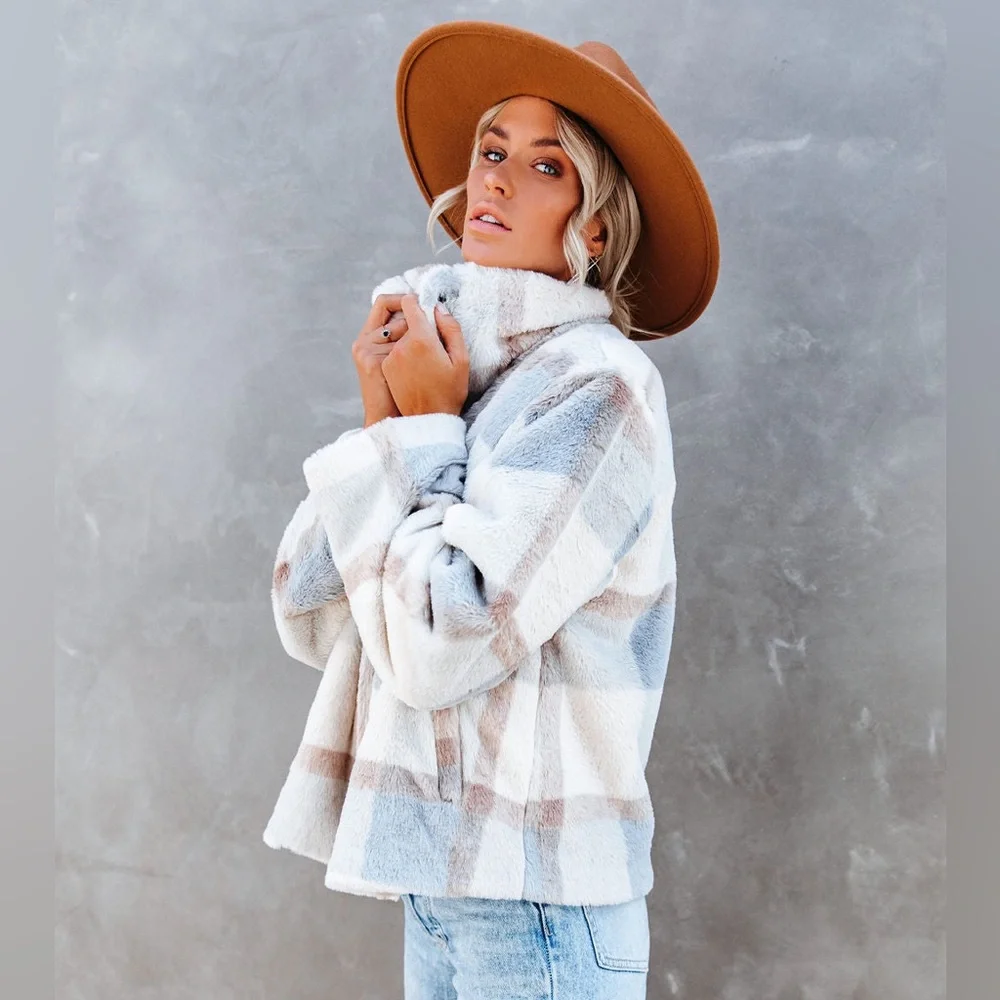ACOA Winter's Tale Pocketed Plaid Faux Fur Jacket - Picture 5 of 13